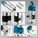 Routers de velocidad variable Herramienta compacta para trabajar la madera, recortadora eléctrica de mano 1/4 Laminado Herramienta para fresar madera + fresa de carburo 15 pcs (azul)