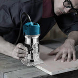 Routers de velocidad variable Herramienta compacta para trabajar la madera, recortadora eléctrica de mano 1/4 Laminado Herramienta para fresar madera + fresa de carburo 15 pcs (azul)