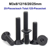 HanTof - Juego de 125 tornillos hexagonales de cabeza plana de acero de aleación de grado 10.9, tornillos M3 x 8/12/16/20/25 mm, tornillos hexagonales de cabeza Allen con llave hexagonal, acabado de
