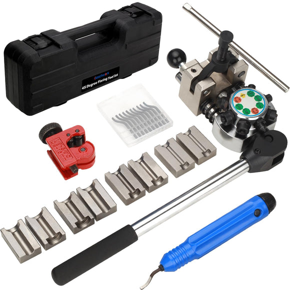 ▶ Herramientas de abocinamiento de línea de freno de 45 grados, juego de herramientas de doble llamada, compatible con tubos de 3/16 pulgadas, 1/4 pulgadas, 5/16 pulgadas y 3/8