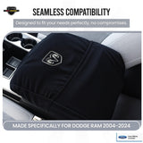 ▶ Funda de consola central con licencia oficial de ajuste personalizado con logotipo plateado bordado de Ram para modelos seleccionados de Ram con asiento de cubeta (no asiento de banco/salto)