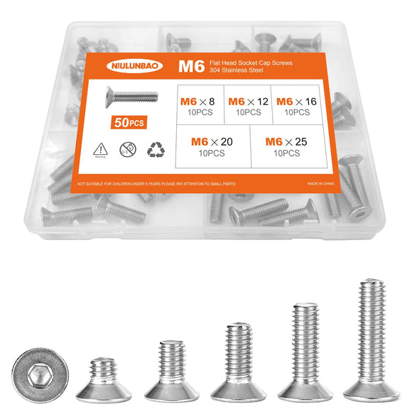▶ Tornillos de cabeza plana M6 x 8 mm, 12 mm, 16 mm, 20 mm, 25 mm, tornillos avellanados, acero inoxidable 304, métrico totalmente roscado, accionamiento de enchufe Allen, acabado brillante, kit surtido 50 piezas