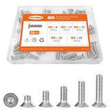 ▶ Tornillos de cabeza plana M6 x 8 mm, 12 mm, 16 mm, 20 mm, 25 mm, tornillos avellanados, acero inoxidable 304, métrico totalmente roscado, accionamiento de enchufe Allen, acabado brillante, kit surtido 50 piezas