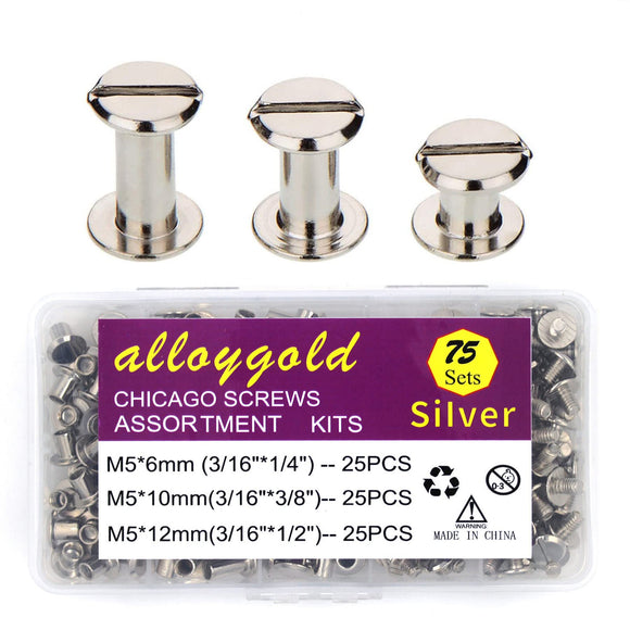 🔩 ALLOYGOLD - Juego de 75 tornillos Chicago plateados de 1/4 3/8 1/2 de piel, kit surtido de 3 tamaños de remaches de tornillo para remache de piel para manualidades de piel y encuadernación (M5 x 6, 10, 12)