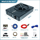 ▶ Subwoofer de coche de 800 W de actualización delgado para debajo del asiento de 10 pulgadas, subwoofer de audio para coche/camión, amplificador integrado, con luz LED azul (subwoofer + kit de cable de