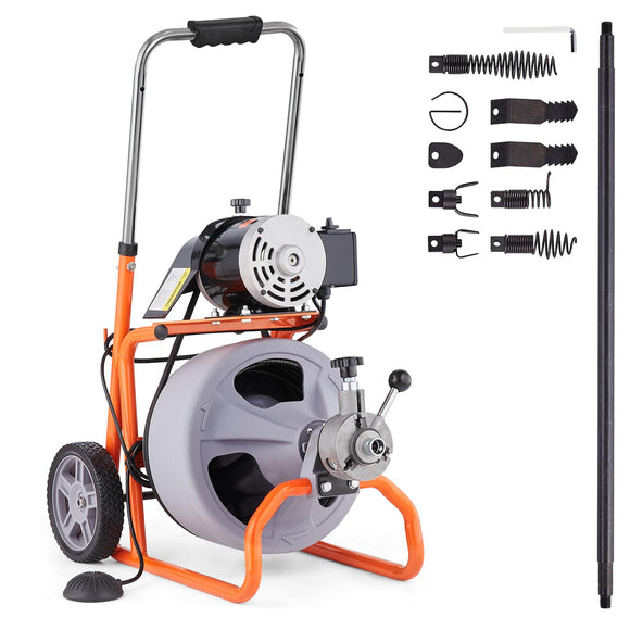 ▶ Máquina limpiadora de drenaje de 100 pies x 3/8 pulgadas, máquina de limpieza de drenaje portátil con 8 cortadores e interruptor de pie activado por aire para tubos de 2 a 4 pulgadas