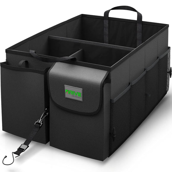 DRIVE - Organizador de maletero de coche, plegable, con múltiples compartimentos, para almacenamiento con correas ajustables, accesorios de camiones y automóviles para mujeres y hombres, color negro