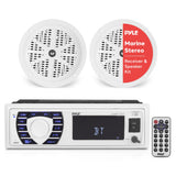 ▶ Kit de receptor marino y altavoz – Estéreo digital LCD integrado Bluetooth y micrófono con sistema de radio AM FM 5.25 pulgadas, altavoces impermeables (2) lectores MP3/USB/SD y control remoto – PLMRKT36WT