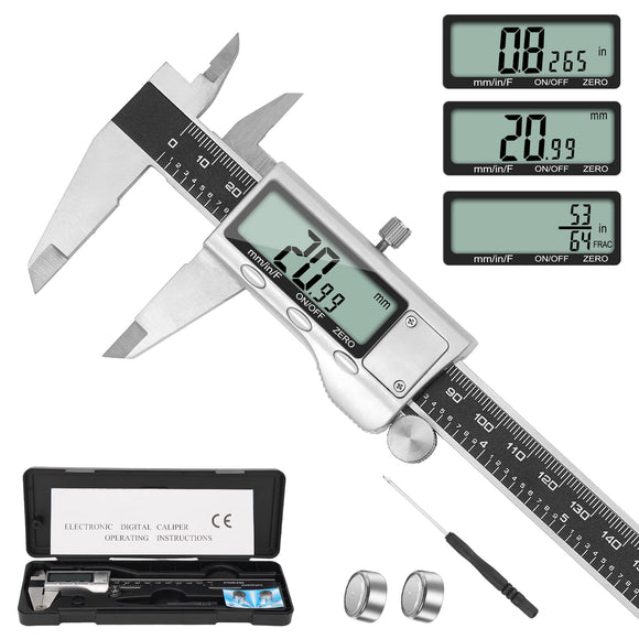 CALIBRADOR DIGITAL Herramienta de medición de calibrador digital, de 15 cm con pantalla LCD grande, fácil cambio entre pulgada/mm/fracción, calibrador vernier de acero inoxidable para bricolaje y hogar