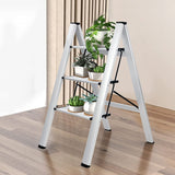 ▶ Escalera Plegable de 3 Peldaños, Estantería Portátil, Taburete Antideslizante, Ligera para el Hogar y Oficina, Capacidad de 150KG (3-Blanco)