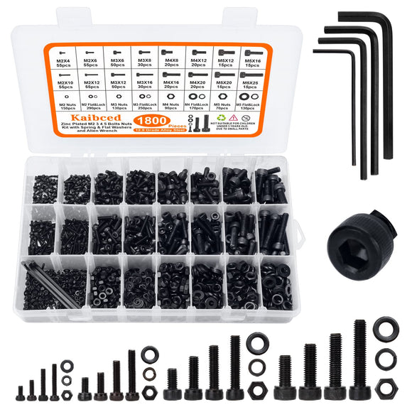 🔩 LAURALS 1800Pcs M2 M3 M4 M5 Metric Screw Assortment Kit, Grade 12.9 Alloy Steel Metric Bolt Assortment, Hex Socket Head Cap Machine Screws with Flat&Lock Washers, Nuts and Bolts Assortment Kit