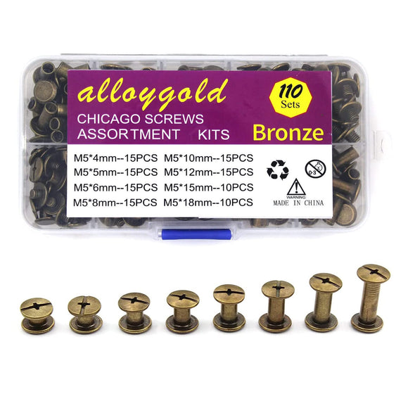 🔩 Alloygold Juego de 110 juegos de 8 tamaños de tornillos de encuadernación Chicago con botones de Chicago para bricolaje, adornos de cuero, tornillos de cabeza redonda (M5 x 4, 5, 6, 8, 10, 12, 15, 18) (bronce)