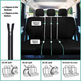 ▶ Juego de fundas de asiento con funda para volante y almohadilla para cinturón de seguridad (compatible con airbag y asiento dividido en negro)