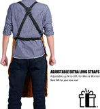 ▶ Delantal de trabajo de soldadura de piel con 6 bolsillos para herramientas, delantal resistente al calor y al fuego, 60.96 x 91.44 cm, ajustable M a XXXL, Marrón, Small-5X-Large