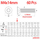 Tornillos de cabeza plana M4-0,7 x 14 mm, acero inoxidable 18-8 (304), acabado brillante, accionamiento de enchufe Allen, tornillos de máquina, tornillos hexagonales interiores, tornillos de tornillo hexagonal 60 unidades