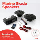 ▶ Kit de altavoces receptor de unidad principal marina – Estéreo digital LCD integrado Bluetooth y micrófono con sistema de radio AM FM 5.25 pulgadas, altavoces impermeables (2) lectores MP3/SD y control remoto – PLMRKT46BK