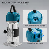 Routers de velocidad variable Herramienta compacta para trabajar la madera, recortadora eléctrica de mano 1/4 Laminado Herramienta para fresar madera + fresa de carburo 15 pcs (azul)