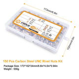 🔩 VIGRUE 150pcs #8-32#10-24 1/4 "-20 5/16"-18 3/8" 16 Nueces remachadas UNC remachadas Kit surtido de surtidos de tuerca de acero al carbono, acabado chapado en zinc amarillo, surtido de tuercas de cab