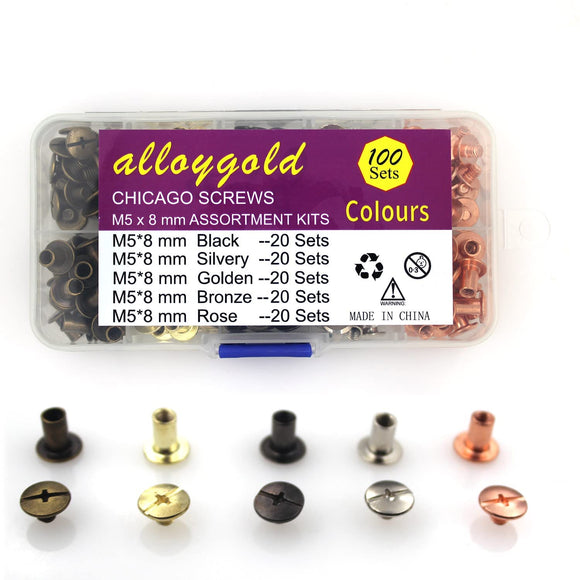 🔩 Alloygold Juego de 100 remaches de tornillo para piel de 5/16 pulgadas en 5 colores Chicago Screw Remaches para bricolaje, bolsos, cinturones, encuadernación, álbumes de fotos y zapatos (M5 x 8 negro, plateado, dorado, cobre y oro rosa)