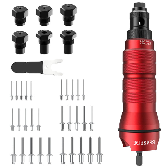 ▶ Remachadora Profesional  Adaptador de pistola de remache inalámbrico, kit de adaptador de taladro de remache eléctrico de 2,4 mm a 6,4 mm, kit de pistola de remache con 6 cabezales de remache intercambiables y 30