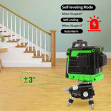 Nivel Láser Autonivelante Verde con Trípode 1.2m, 3D 12 Líneas, Nivelador Láser, Nivel láser de líneas cruzada 3x360, set con Soporte de Pared, 2 Baterías, Gafas para rayo verde