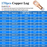 ▶ Herramienta de prensado de lengüetas de cable con 170 lengüetas de alambre de cobre, herramienta de prensado de alambre para crimpadora eléctrica AWG 10-1/0, con cortador de cables, 210 tubos