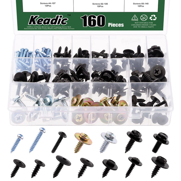 🔩 Keadic 160 piezas de 14 tipos de tornillos autorroscantes de metal para coche, kit surtido de tornillos con armadura/oblea/cabeza hexagonal, tornillos de cubierta de parachoques, arandelas, forro de