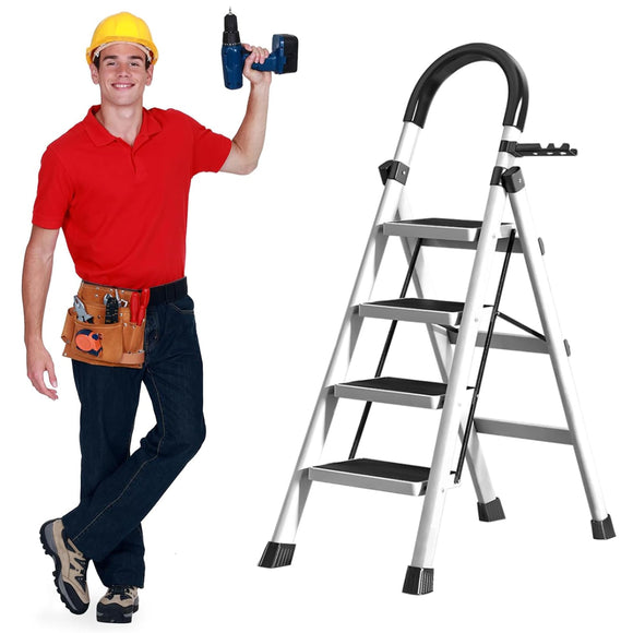 ▶ Escalera Plegable,4 Peldaños con Empuñadura Práctica Escalera Doméstica en,Taburete Portátil con Pedal Ancho Antideslizante,Escalera de Tijera Tipo para Hogar,Oficina,Cocina,Garaje