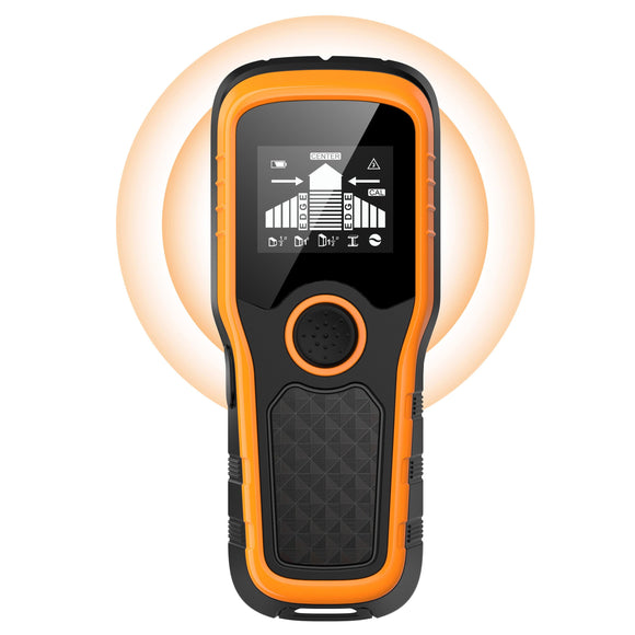 ▶ Buscador de tuberías y cables subterráneos Escáner de pared 5 en 1 - Detector para madera, metal, viguetas, tuberías y cables de CA, versión actualizada de chip inteligente, visualización LCD de alta definición y alarma audible