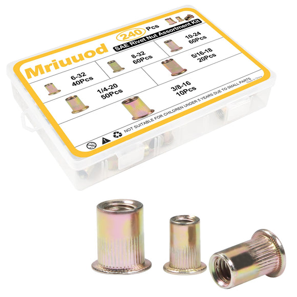 Kit de tuercas de remache, 240 piezas 6-32 8-32 10-24 1/4-20 5/16-18 3/8-16 tuercas de remache SAE chapado en zinc, tuerca de remache de acero al carbono con cabeza plana roscada