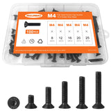 🔩 Tornillos de cabeza plana M4 x 8 mm, 12 mm, 16 mm, 20 mm, 25 mm, tornillos avellanados, acero de aleación de grado 10.9, acabado de óxido negro, unidad hexagonal Allen, métrico totalmente roscado, kit