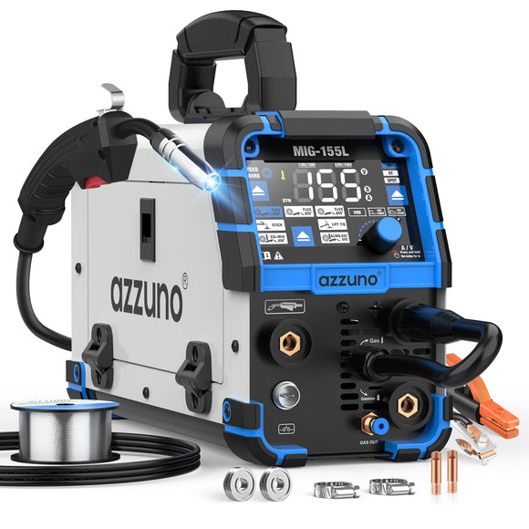▶ AZZUNO - Soldadora MIG de aluminio 155A, 110 V/220 V doble voltaje, 5 en 1 Gas MAG, MIG aluminio, sin gas con núcleo de flujo, soldadura Stick y Lift TIG, soldadora de alambre multiproceso