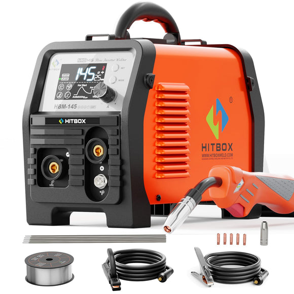 ▶ SOLDADORA Soldador MIG, 145 A, sin gas, palo, elevador, pistola de carrete TIG, máquina soldadora 4 en 1 con sinergia, máquina de soldadura de 110 V 220 V, pantalla LED portátil para principiantes