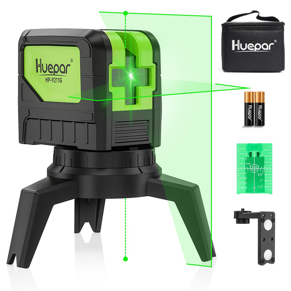 Dos Puntos Más Una Línea En Cruz - Huepar 9211G Nivel Láser Autonivelador de Alineación con Plomadas, Línea Vertical de hasta 180 Grados, Soporte de Montaje Giratorio Incluido