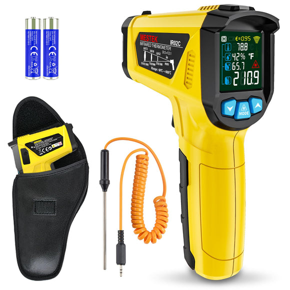 MESTEK - Termómetro infrarrojo de temperatura, termómetro láser digital sin contacto con sonda para cocinar, reparación del hogar e industria, medición de humedad, emisividad ajustable de -125 °F a