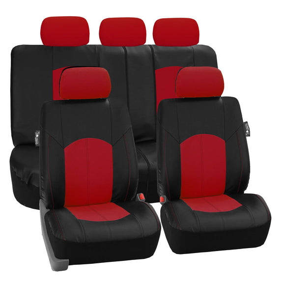 ▶ Juego Completo de Fundas de Asiento de Cuero sintético Perforado, Rojo/Negro