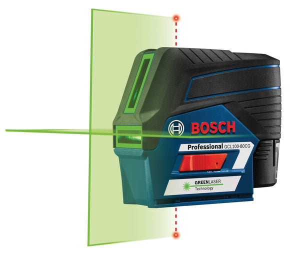 BOSCH GCL100-80CG 100 pies 12 V Max Connected Green-Beam Cross-Line Laser, incluye batería de iones de litio de 2.0 Ah 12 V y cargador, montaje giratorio magnético, bolsa resistente, estuche de