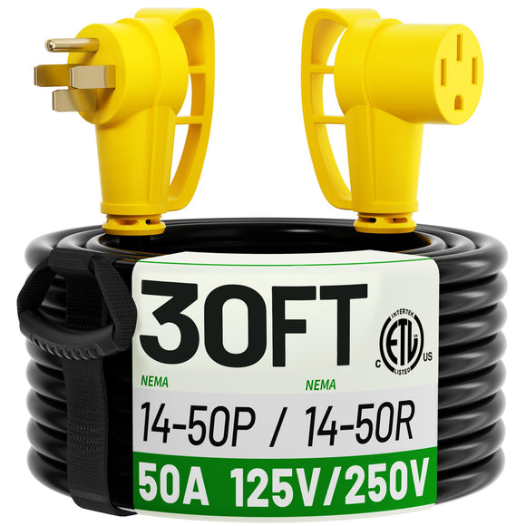 ▶ Cable de extensión de 30 pies para exteriores con mango de agarre, cable de alimentación flexible resistente al agua, 50A 125/250V 6250/12500W STW