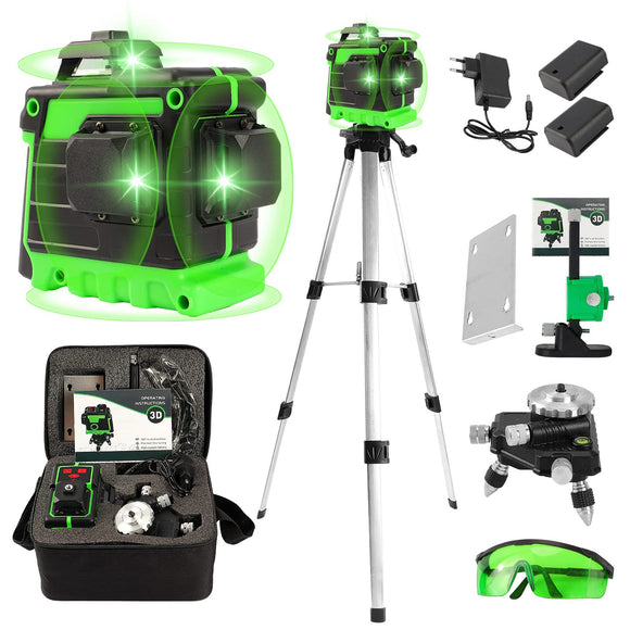 Nivel Láser Autonivelante Verde con Trípode 1.2m, 3D 12 Líneas, Nivelador Láser, Nivel láser de líneas cruzada 3x360, set con Soporte de Pared, 2 Baterías, Gafas para rayo verde