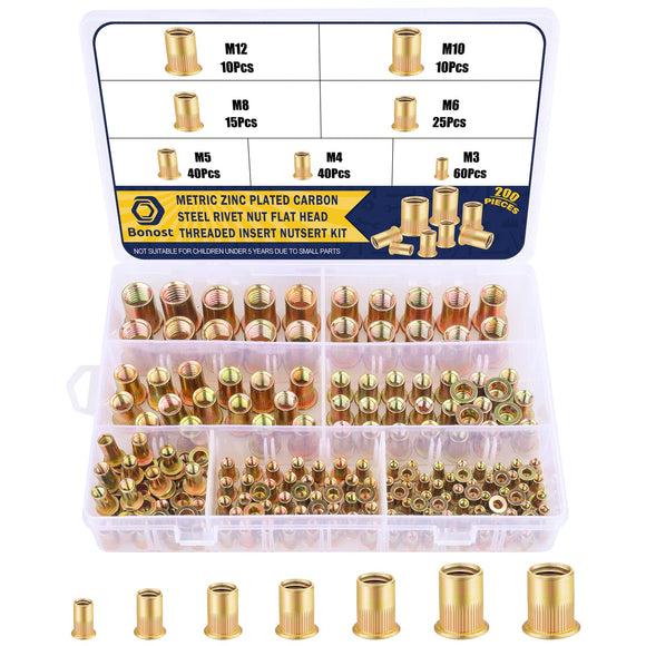 🔩 Bonost - Juego de 200 Tuercas de Remache Métricas M3 M4 M5 M6 M8 M10 M12, Acero al Carbono Chapado en Zinc, Resistentes a la Corrosión