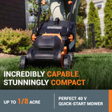 Cortadora de césped inalámbrica Worx de 40 V y 14" para jardines pequeños. Cortadora de césped a batería 2 en 1 silenciosa. Cortadora de césped compacta y ligera con ajuste de altura de 6 posiciones. WG779. Incluye 2 baterías y cargador.