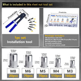 🔩 Kit de herramientas de tuerca de remache de presión, 430 piezas de combinación de tuercas de remache métricas (M8/M6/M5/M4/M3), adecuado para muebles, decoración, aplicaciones automotrices, marinas e
