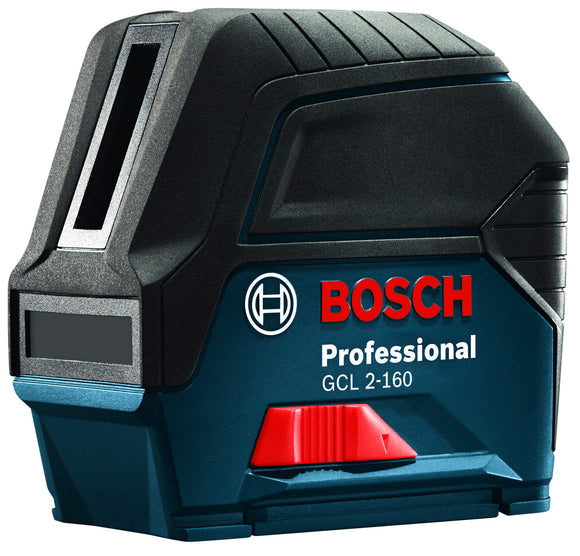 BOSCH GCL 2-160 Láser de línea cruzada autonivelante de 65 pies con puntos de plomera, incluye soporte giratorio magnético, clip de rejilla de techo, placa de lente láser, 3 baterías AA y estuche duro