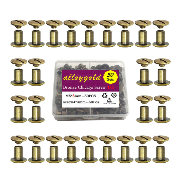 🔩 Alloygold - Juego de 50 tornillos M5 x 8 de bronce Chicago - Remaches de piel, remaches de piel, botones de rosca Chicago