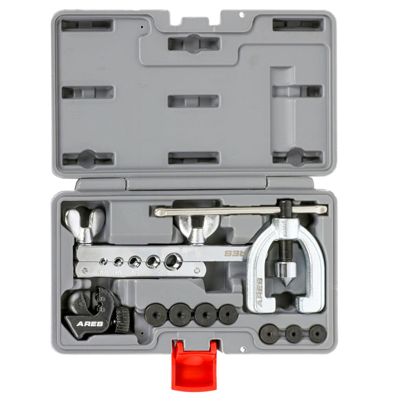 ▶ Herramientas de doble abocardado con adaptadores adicionales - Uso en cobre, aluminio, línea de freno de acero blando y tubos de latón - Incluye mini cortador de tubos y estuche de almacenamiento