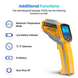 Termómetro infrarrojo 1025D (no para humanos) pistola de temperatura láser dual -30 °F ~ 130 °F (-50 ℃~ 550 °C) con emisividad ajustable, probador de voltaje sin contacto (NCV), tamaño estándar, amarillo y gris