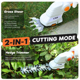 Tijeras de podar eléctricas de césped y arbustos inalámbrica, 2 en 1, 7.2 V, cortadora de césped eléctrica y cortasetos, de mano ligera con batería recargable, diseño ergonómico para jardín, patio y corte de