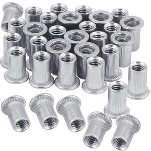 100 tuercas de remache de brida de aluminio de 1/4-20, UNC tuerca de inserción roscada de cabeza plana