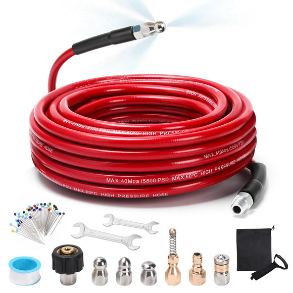 ▶ Kit de chorro de alcantarillado para lavadora a presión, manguera limpiadora de drenaje de 50 pies y 5800 PSI con esquina NPT de 1/4 pulgadas, boquilla giratoria y de botón, boquilla de chorro de