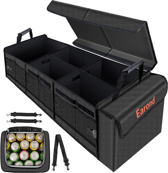 EAROND - Organizador de maletero plegable con bolsa térmica aislante a prueba de fugas, tapa extraíble, correas de sujeción ajustables, organizador de maletero con 3 compartimentos, 4 en 1 con hielera